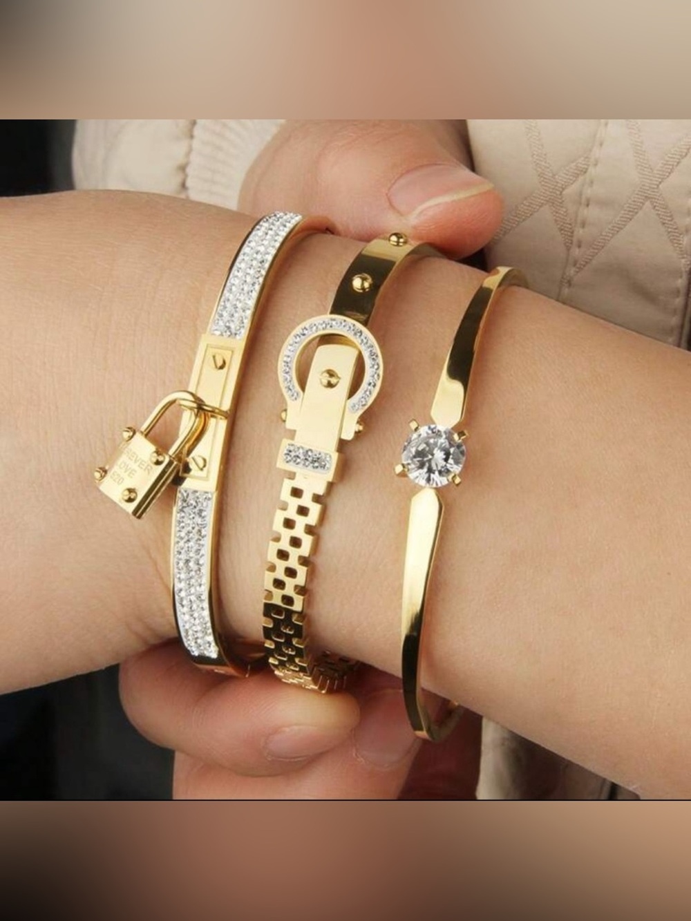 Gold Plated Stainless Steel 3-Piece Bracelet Set Lock,Buckle & Solitaire Design